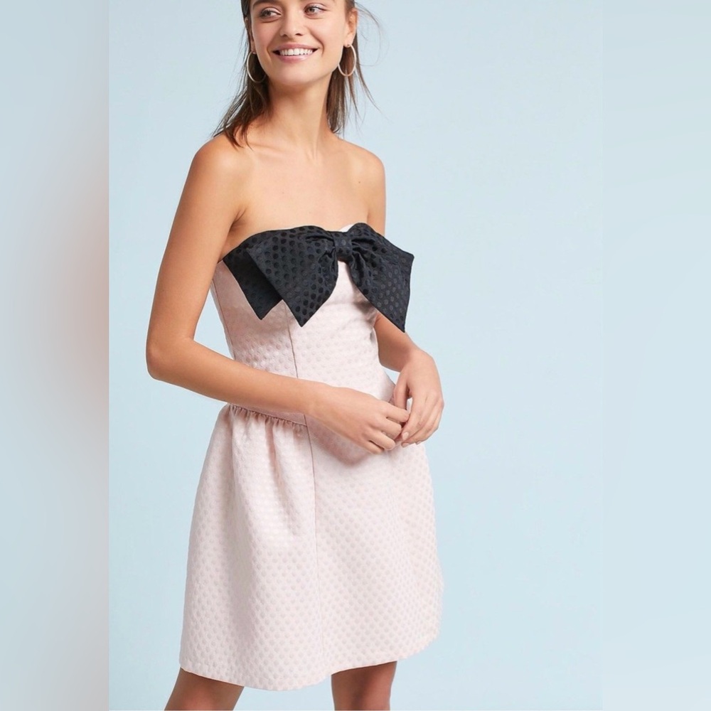 Anthropologie Strapless Pink Dress with Black Bow